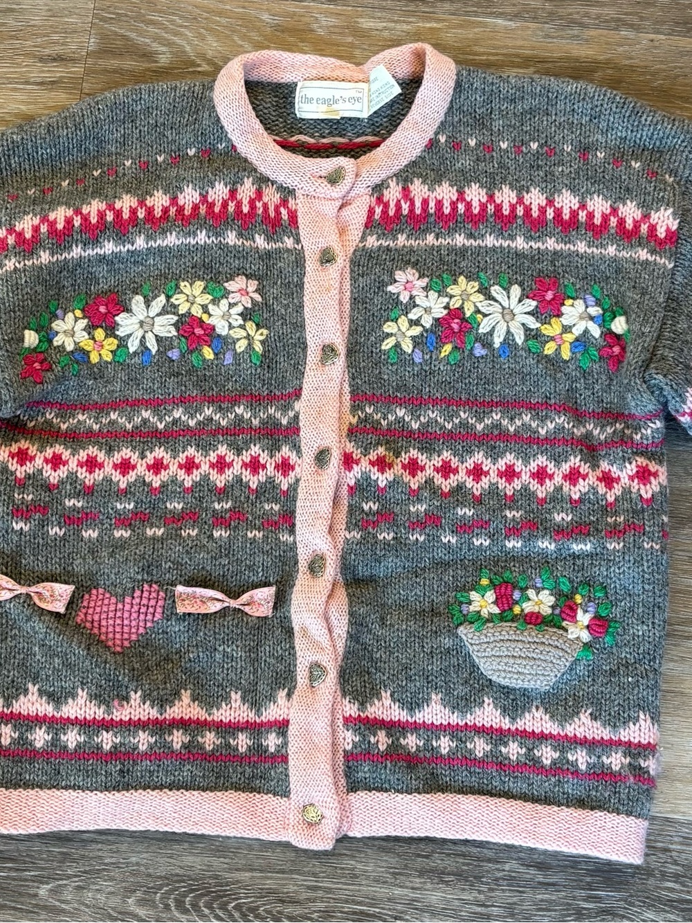 90s Wool Knit Cardigan: Floral Embroidery, Heart Buttons (Small)